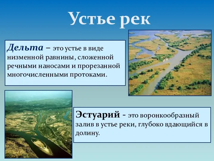 Дельта – это устье в виде низменной равнины, сложенной речными наносами