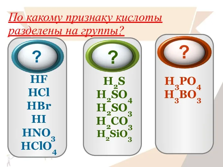 По какому признаку кислоты разделены на группы? HF HCl HBr HI