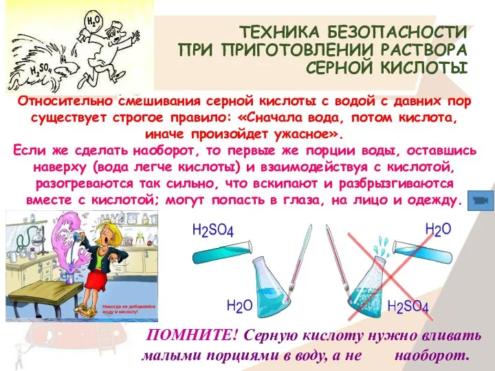 ТЕХНИКА БЕЗОПАСНОСТИ ПРИ ПРИГОТОВЛЕНИИ РАСТВОРА СЕРНОЙ КИСЛОТЫ Относительно смешивания серной кислоты