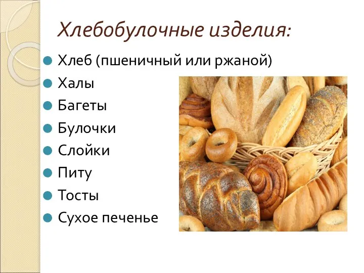 Хлебобулочные изделия: Хлеб (пшеничный или ржаной) Халы Багеты Булочки Слойки Питу Тосты Сухое печенье