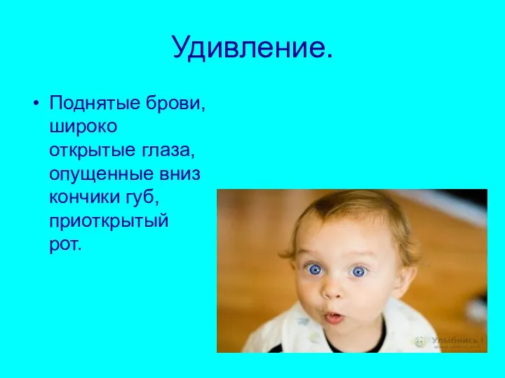 Удивление. Поднятые брови, широко открытые глаза, опущенные вниз кончики губ, приоткрытый рот.