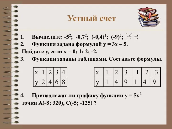 Устный счет Вычислите: -52; -0,72; (-0,4)2; (-9)2; Функция задана формулой у