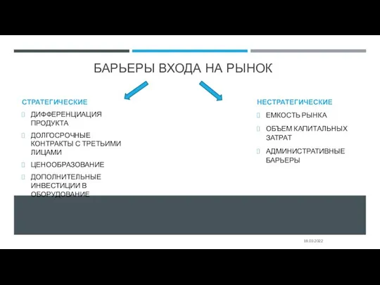 БАРЬЕРЫ ВХОДА НА РЫНОК СТРАТЕГИЧЕСКИЕ ДИФФЕРЕНЦИАЦИЯ ПРОДУКТА ДОЛГОСРОЧНЫЕ КОНТРАКТЫ С ТРЕТЬИМИ