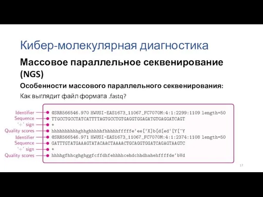 Кибер-молекулярная диагностика Особенности массового параллельного секвенирования: Как выглядит файл формата .fastq? Массовое параллельное секвенирование (NGS)