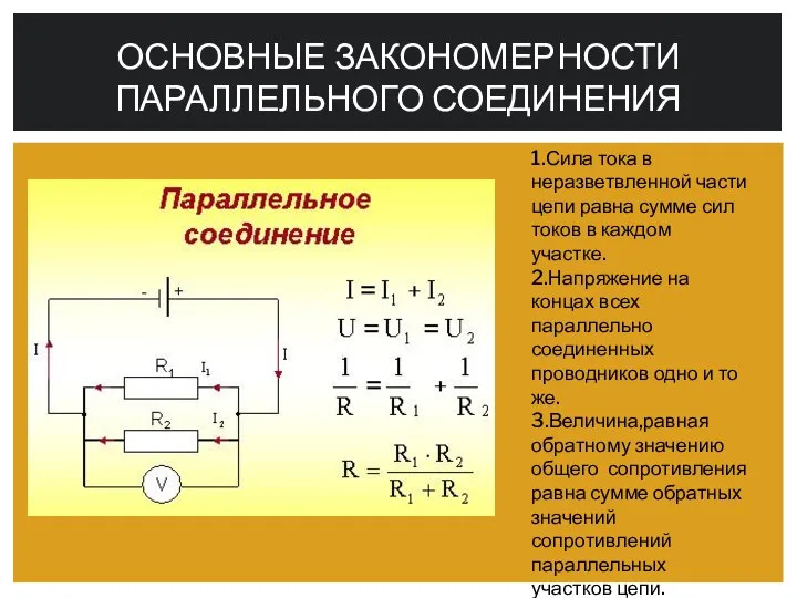 ОСНОВНЫЕ ЗАКОНОМЕРНОСТИ ПАРАЛЛЕЛЬНОГО СОЕДИНЕНИЯ 1.Сила тока в неразветвленной части цепи равна