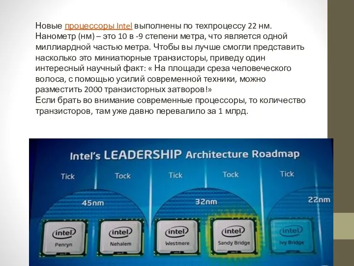 Новые процессоры Intel выполнены по техпроцессу 22 нм. Нанометр (нм) –