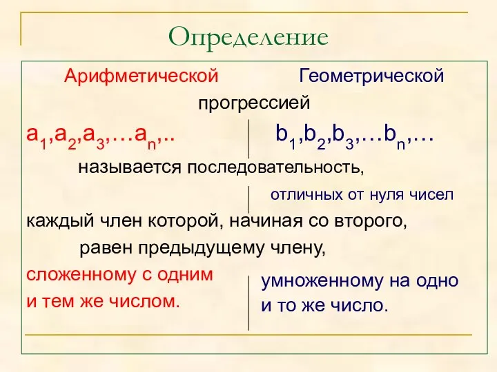 Определение Арифметической Геометрической прогрессией а1,а2,а3,…аn,.. b1,b2,b3,…bn,… называется последовательность, отличных от нуля