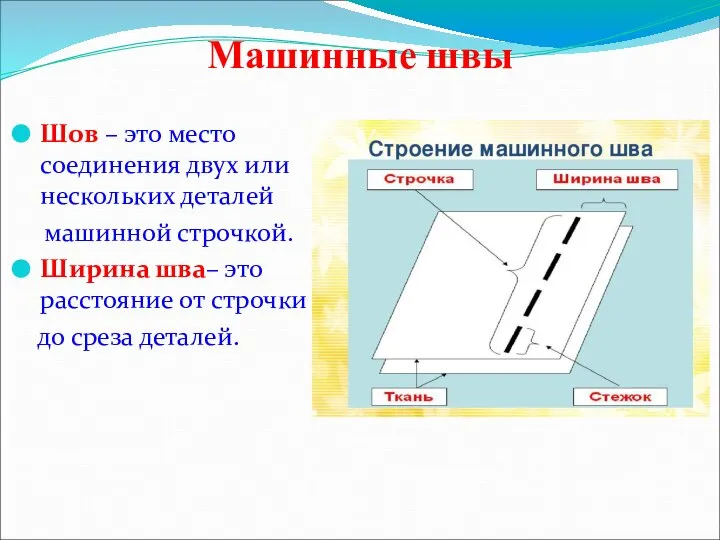 Машинные швы Шов – это место соединения двух или нескольких деталей