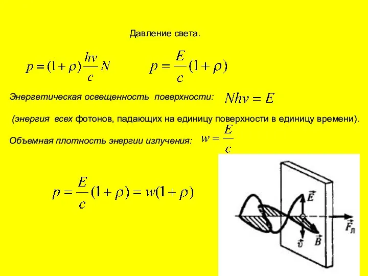 Давление света. Энергетическая освещенность поверхности: (энергия всех фотонов, падающих на единицу