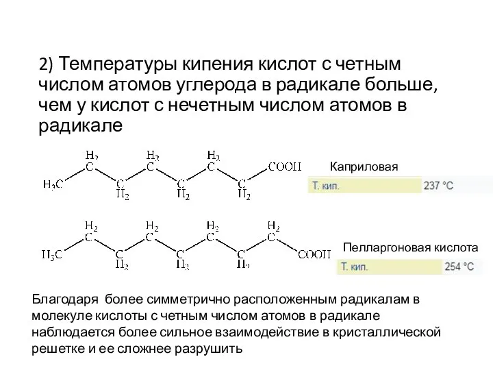 2) Температуры кипения кислот с четным числом атомов углерода в радикале