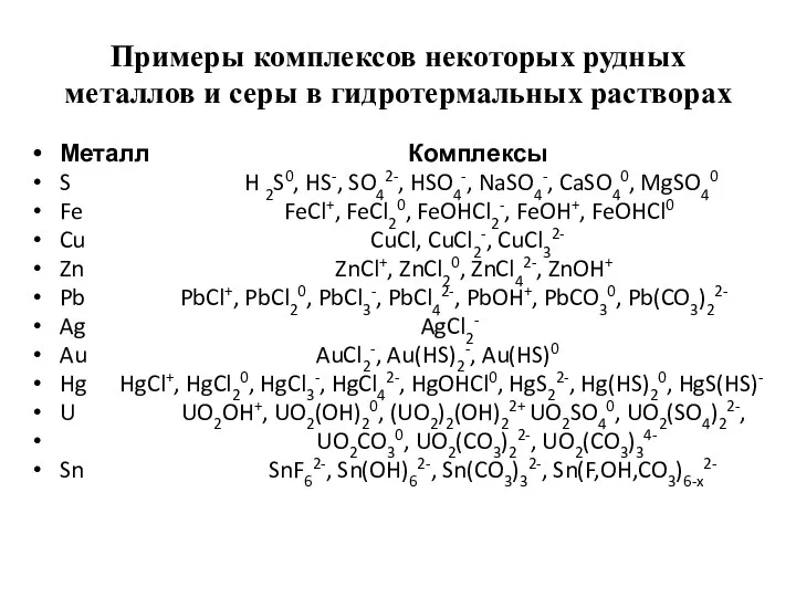 Примеры комплексов некоторых рудных металлов и серы в гидротермальных растворах Металл