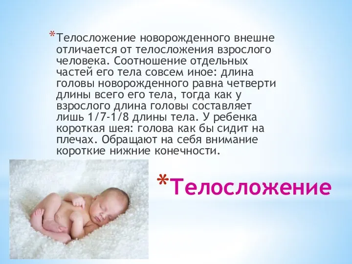 Телосложение Телосложение новорожденного внешне отличается от телосложения взрослого человека. Соотношение отдельных