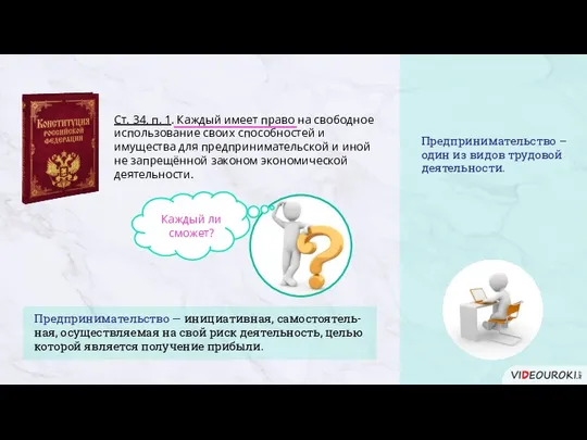 Предпринимательство – один из видов трудовой деятельности. Ст. 34, п. 1.