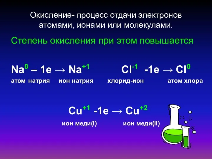 Окисление- процесс отдачи электронов атомами, ионами или молекулами. Степень окисления при