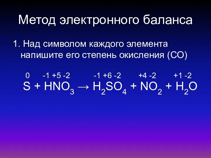 Метод электронного баланса 1. Над символом каждого элемента напишите его степень