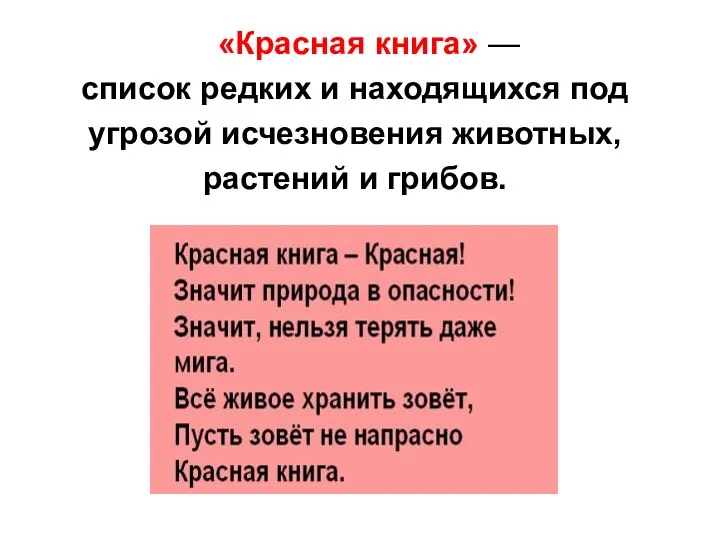 «Красная книга» — список редких и находящихся под угрозой исчезновения животных, растений и грибов.