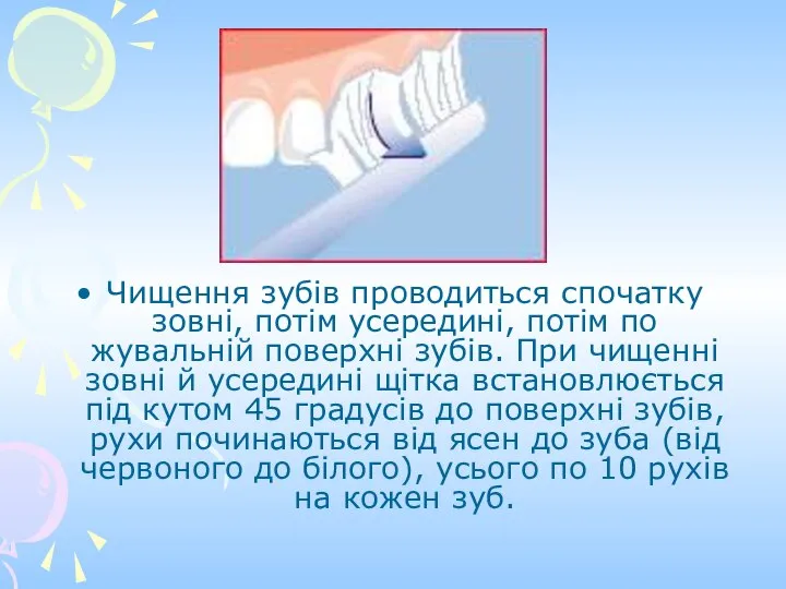 Чищення зубів проводиться спочатку зовні, потім усередині, потім по жувальній поверхні