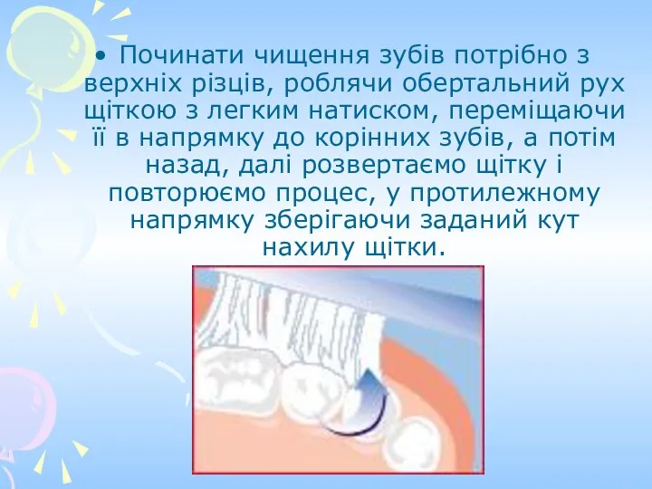 Починати чищення зубів потрібно з верхніх різців, роблячи обертальний рух щіткою