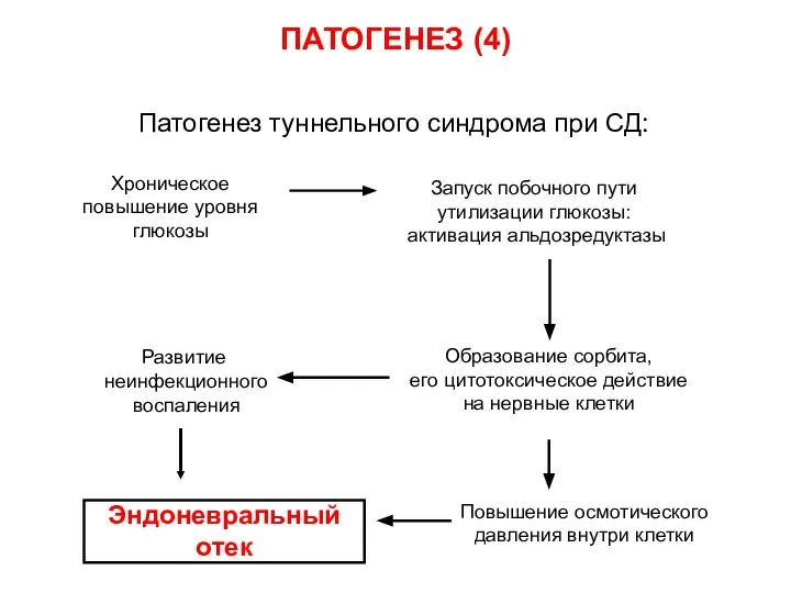 Патогенез туннельного синдрома при СД: Хроническое повышение уровня глюкозы Запуск побочного