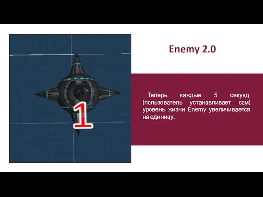 Теперь каждые 5 секунд (пользователь устанавливает сам) уровень жизни Enemy увеличивается на единицу. Enemy 2.0