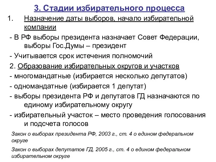 3. Стадии избирательного процесса Назначение даты выборов, начало избирательной компании -