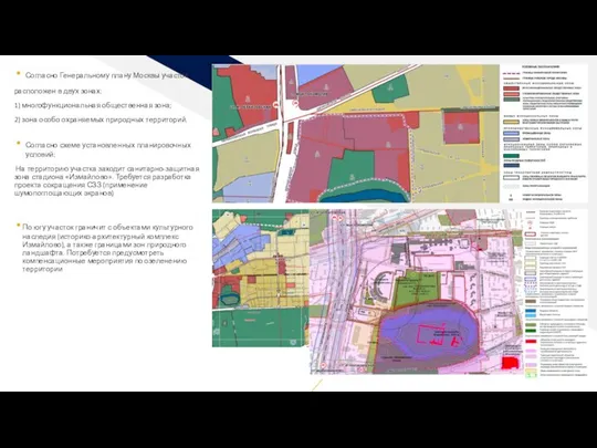 Согласно Генеральному плану Москвы участок расположен в двух зонах: 1) многофункциональная