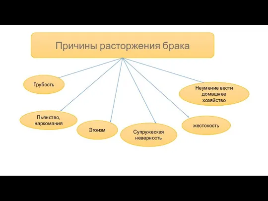 Причины расторжения брака Грубость Эгоизм Супружеская неверность жестокость Неумение вести домашнее хозяйство Пьянство, наркомания