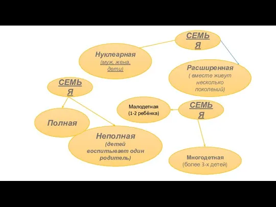 СЕМЬЯ Неполная (детей воспитывает один родитель) Полная СЕМЬЯ Нуклеарная (муж, жена,