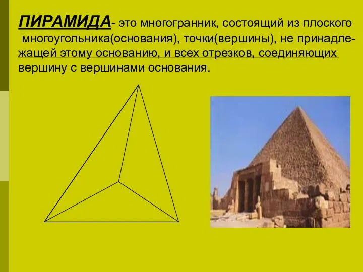 ПИРАМИДА- это многогранник, состоящий из плоского многоугольника(основания), точки(вершины), не принадле- жащей