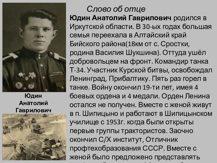 Юдин Анатолий Гаврилович 01.11.1924 – 17.11.1999 Слово об отце Юдин Анатолий