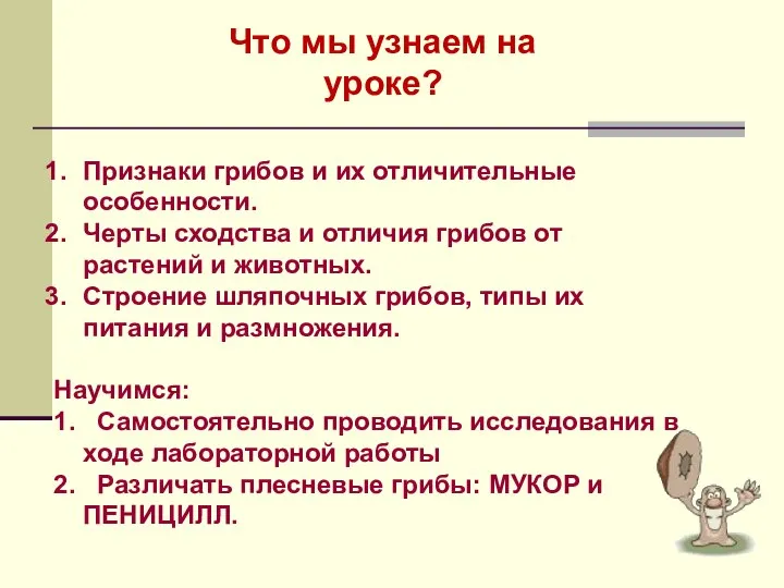 Что мы узнаем на уроке? Признаки грибов и их отличительные особенности.