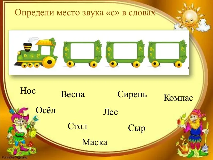 Определи место звука «с» в словах Осёл Стол Сыр Сирень Весна Лес Компас Нос Маска