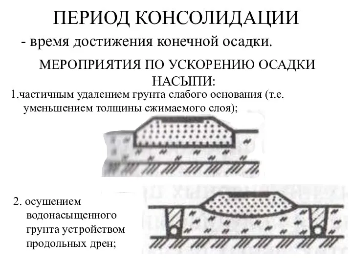 ПЕРИОД КОНСОЛИДАЦИИ - время достижения конечной осадки. МЕРОПРИЯТИЯ ПО УСКОРЕНИЮ ОСАДКИ