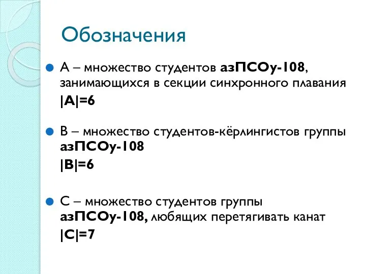 Обозначения А – множество студентов азПСОу-108, занимающихся в секции синхронного плавания