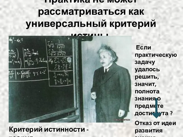 Практика не может рассматриваться как универсальный критерий истины. Критерий истинности -