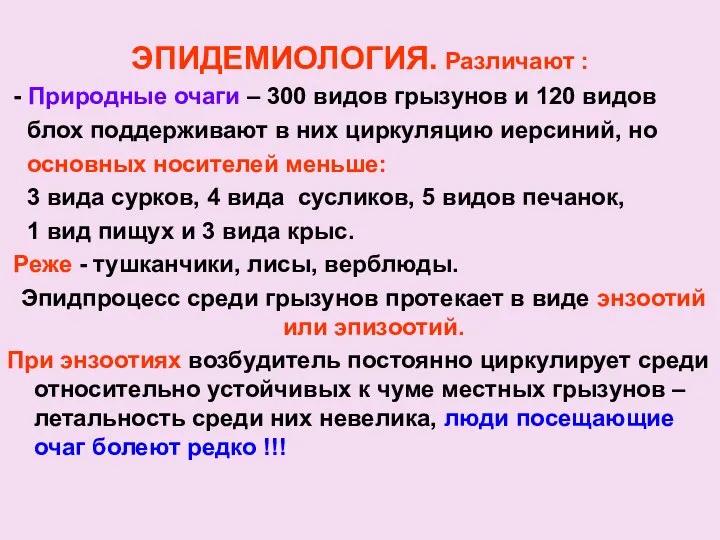 ЭПИДЕМИОЛОГИЯ. Различают : - Природные очаги – 300 видов грызунов и