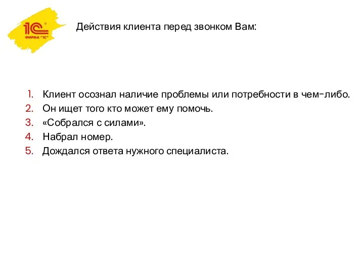 Действия клиента перед звонком Вам: Клиент осознал наличие проблемы или потребности