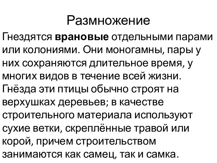 Размножение Гнездятся врановые отдельными парами или колониями. Они моногамны, пары у