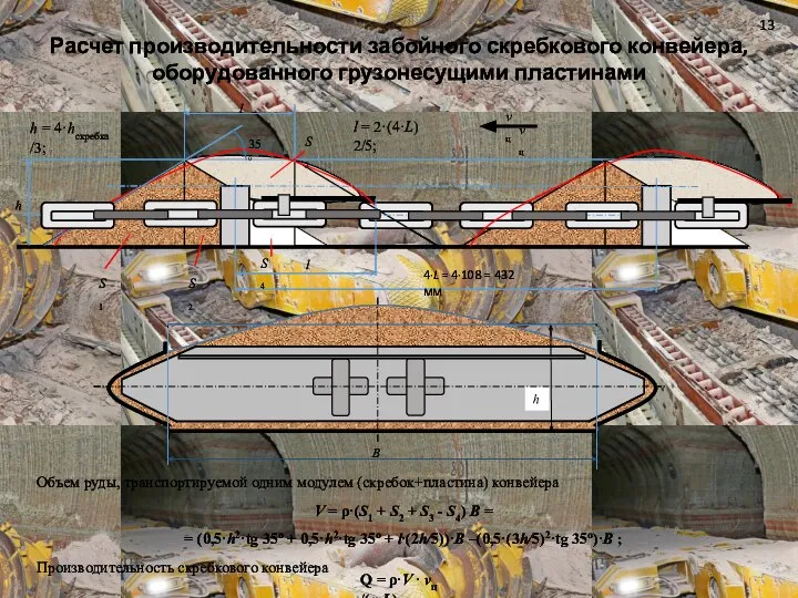 Расчет производительности забойного скребкового конвейера, оборудованного грузонесущими пластинами vц Q = ρ·V · vц /(n·L).