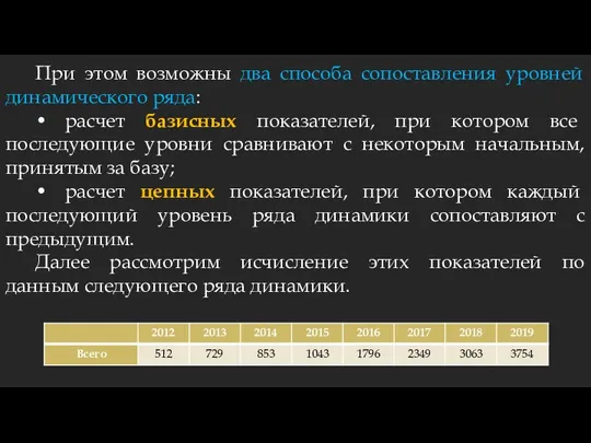 При этом возможны два способа сопоставления уровней динамического ряда: • расчет