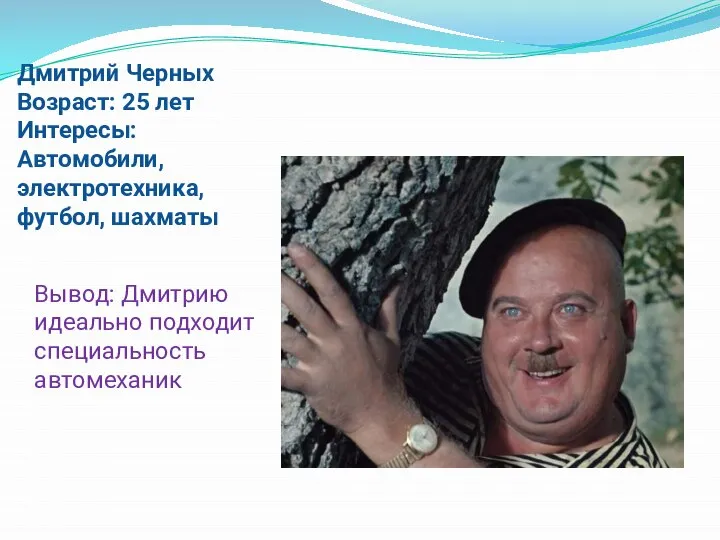 Дмитрий Черных Возраст: 25 лет Интересы: Автомобили, электротехника, футбол, шахматы Вывод: Дмитрию идеально подходит специальность автомеханик