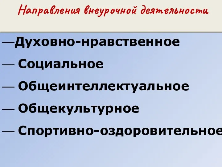 —Духовно-нравственное — Социальное — Общеинтеллектуальное — Общекультурное — Спортивно-оздоровительное Направления внеурочной деятельности