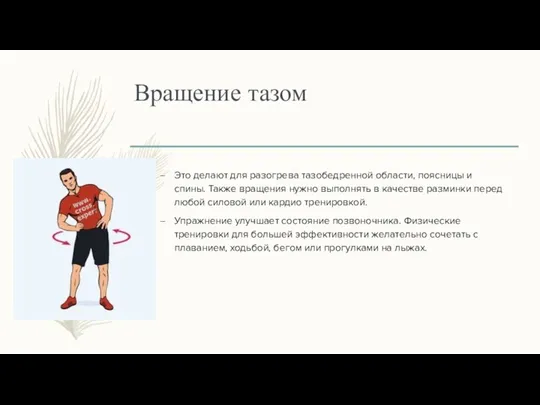 Вращение тазом Это делают для разогрева тазобедренной области, поясницы и спины.