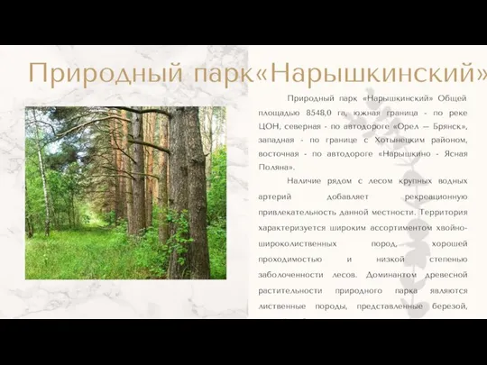 Природный парк «Нарышкинский» Общей площадью 8548,0 га, южная граница - по