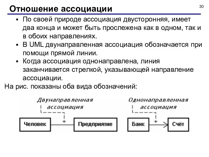 По своей природе ассоциация двусторонняя, имеет два конца и может быть