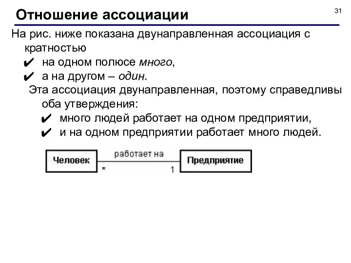 На рис. ниже показана двунаправленная ассоциация с кратностью на одном полюсе