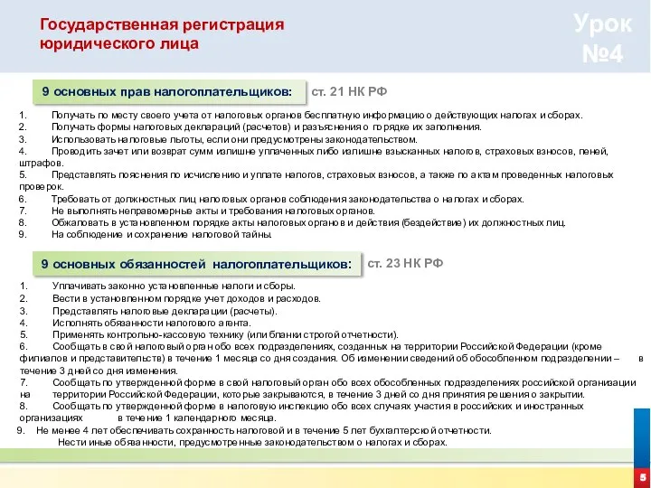 5 Государственная регистрация юридического лица Урок №4 9 основных прав налогоплательщиков: