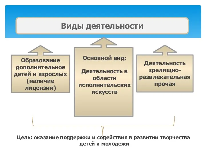 Виды деятельности Образование дополнительное детей и взрослых (наличие лицензии) Деятельность зрелищно-развлекательная