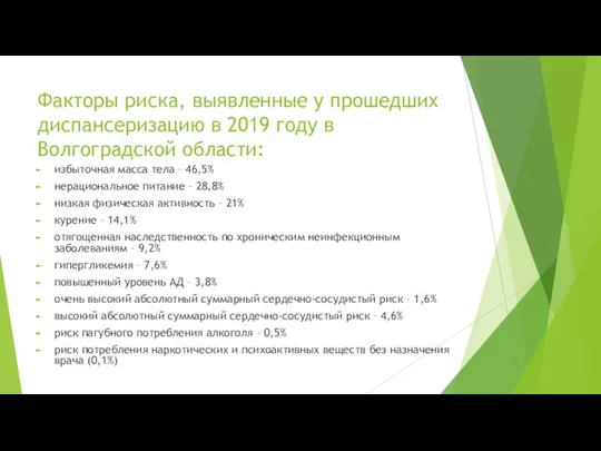 Факторы риска, выявленные у прошедших диспансеризацию в 2019 году в Волгоградской