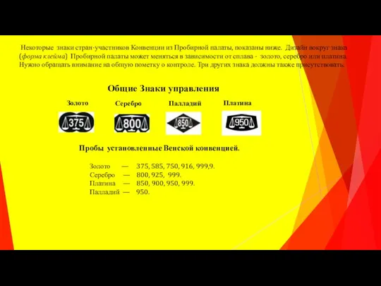 Золото Серебро Палладий Платина Некоторые знаки стран-участников Конвенции из Пробирной палаты,